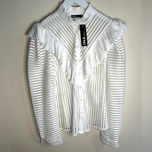 Ina White Sheer Striped Blouse with Ruffle Detail Victorian NWT